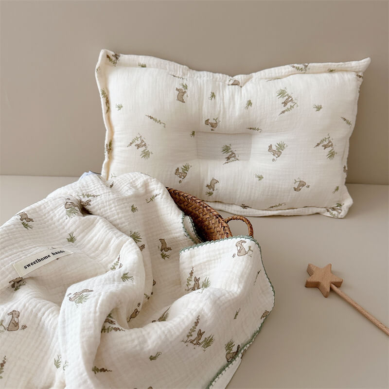 Cotton Muslin Baby Blanket with pillow set – rabbit Print