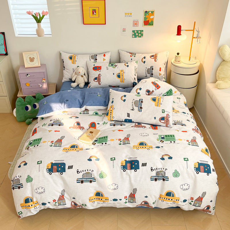 A vibrant cartoon car bedding set with cars, clouds, and rainbows on a white background, creating a cheerful atmosphere.
