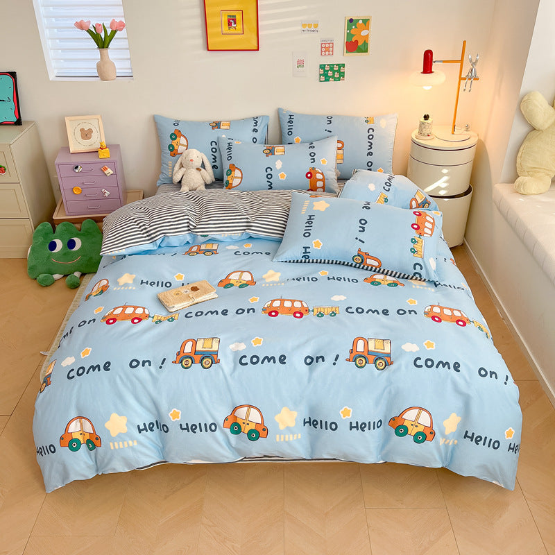 A light blue cartoon car duvet cover set featuring cars and the words "Hello" and "Come on," complemented by striped and blue solid-color pillows