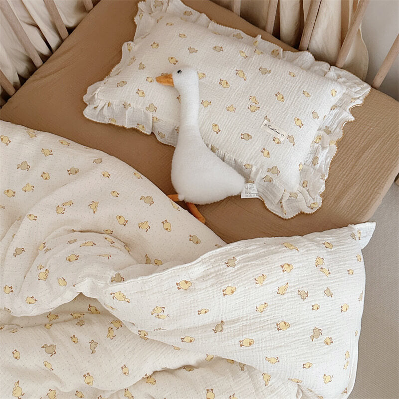 Duckling print ruffle pillowcase made from cotton muslin, perfect for kids bedding