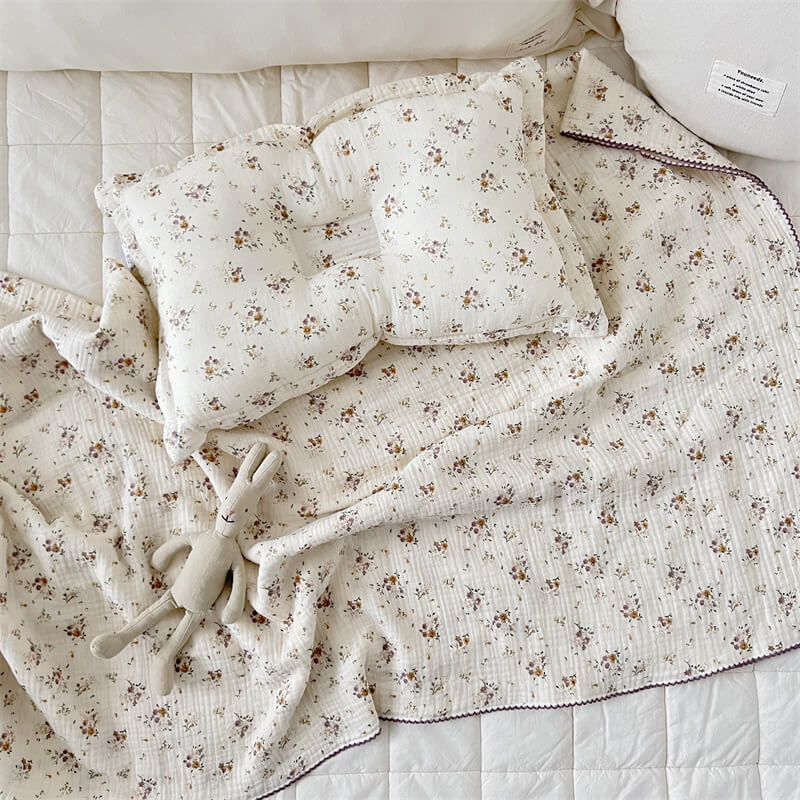 cotton muslin baby blanket and pillow set in violet print
