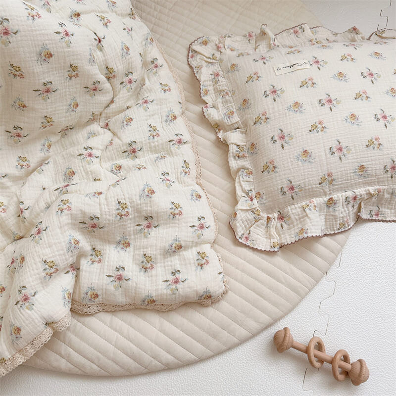 Cotton Muslin Baby Quilt – Azalea Floral with Lace Trim