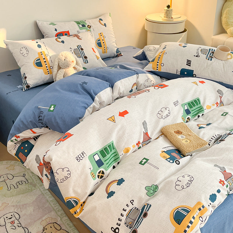 A close-up of the cotton cartoon car bedding set, showing a reversible design with one side featuring cars on a white background and the other a solid navy blue