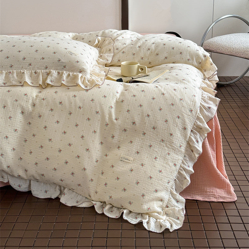 petite rosebud print and ruffled edge on muslin bedding set