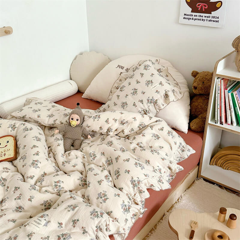 Vintage floral ruffle bedding on rust-toned sheet with botanical print