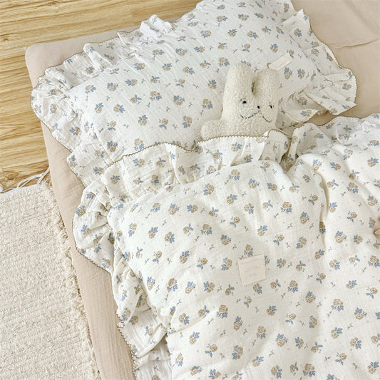 Blue rose floral cotton gauze duvet cover set with soft ruffles — vintage girls bedding