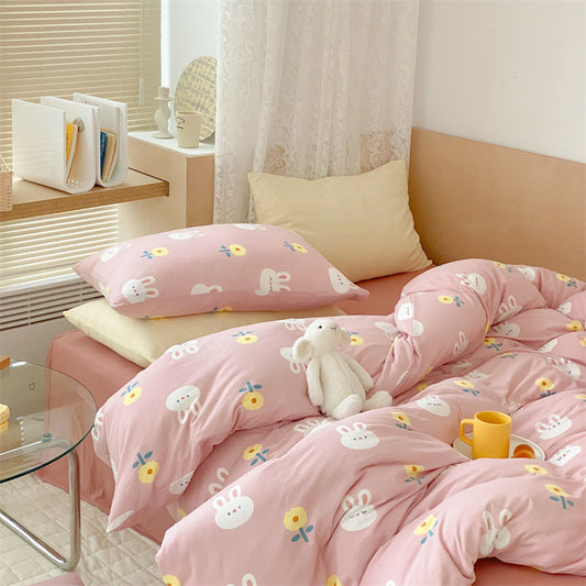 Cotton jersey bunny duvet cover set in pink with bunny and flower print