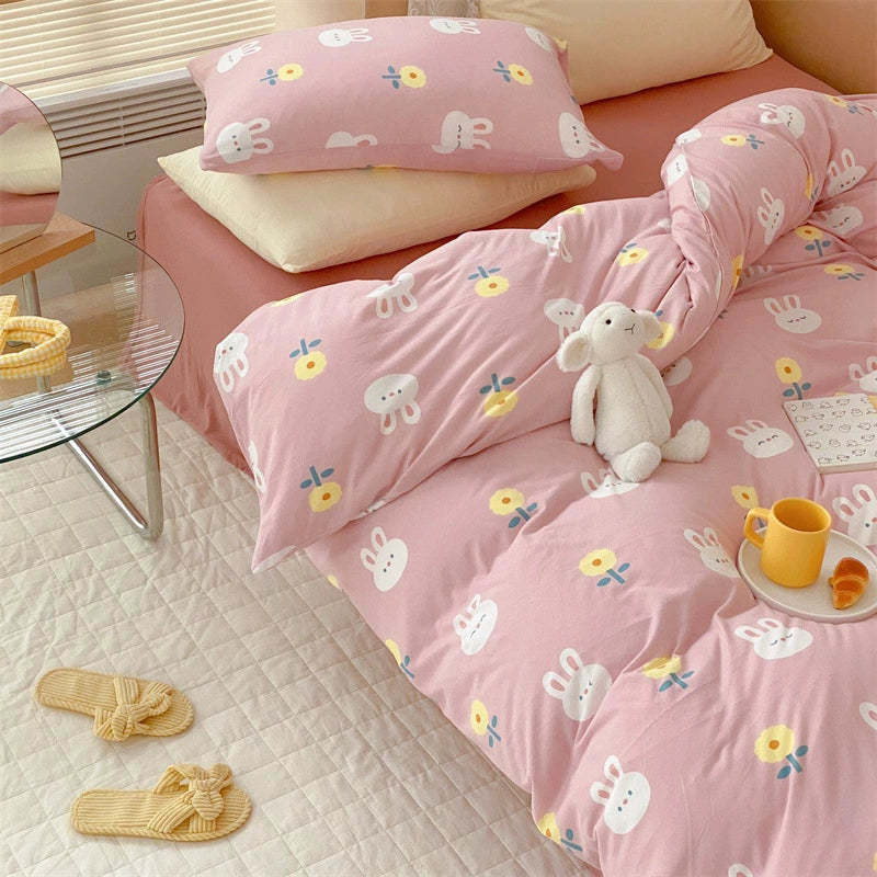 Pink cotton jersey duvet cover set with bunny print details