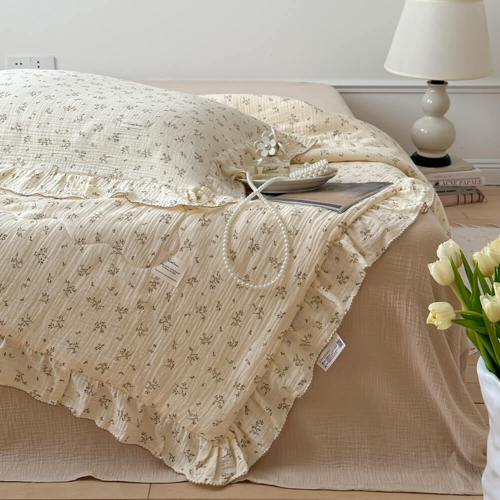 Olive Green Floral Muslin Quilt – Ruffle Edge Cotton Bedding
