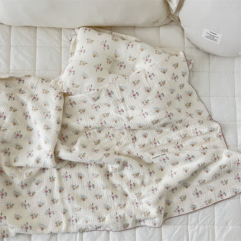 cotton muslin baby blanket and pillow set in azalea print