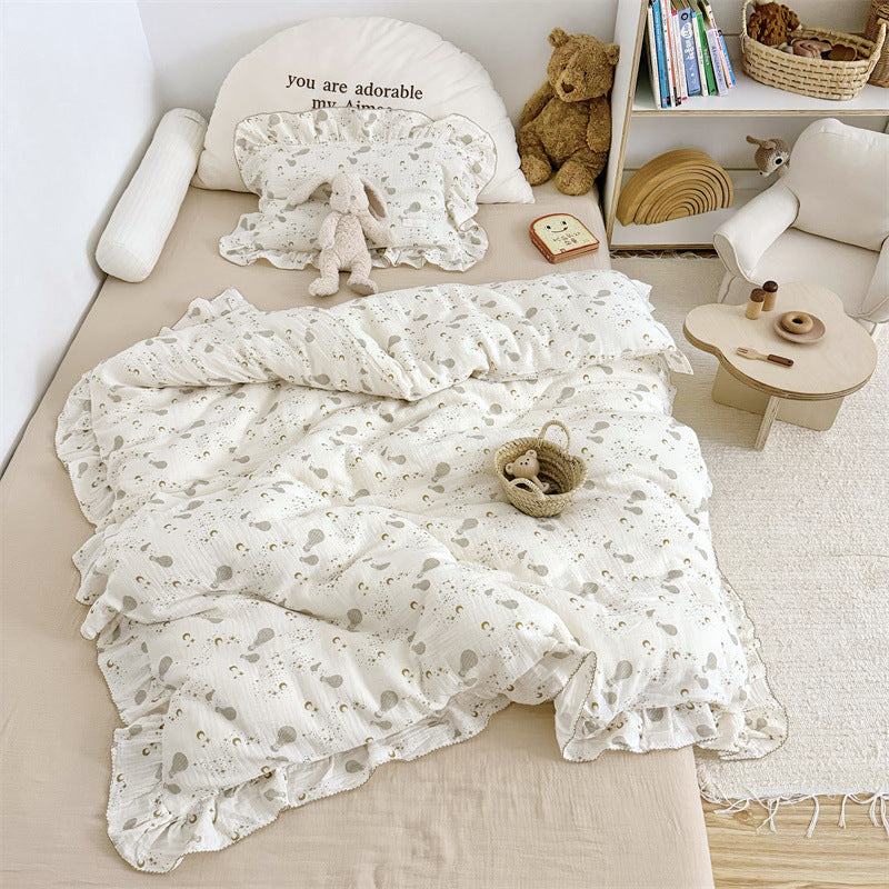 Cotton ruffle toddler bedding set with hot air balloon print – soft cotton gauze duvet cover set