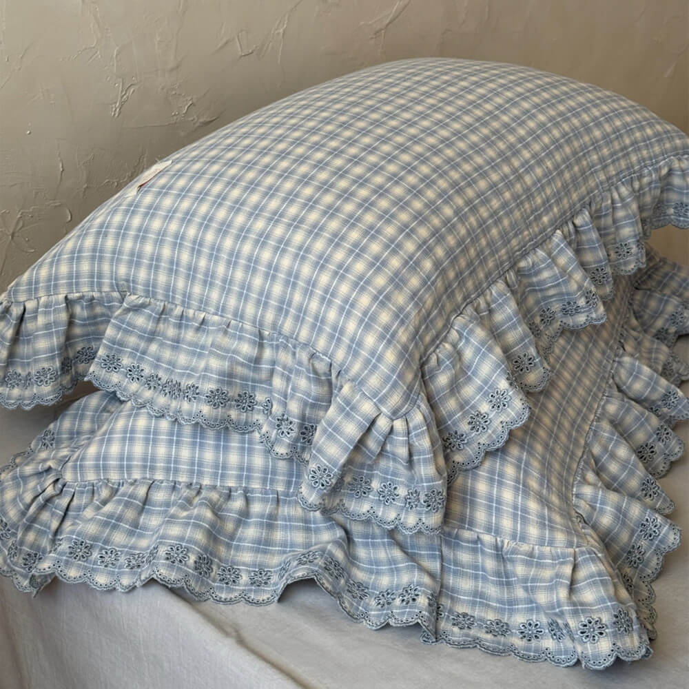 Ruffled pillowcases with floral lace and blue plaid pattern, cotton muslin fabric