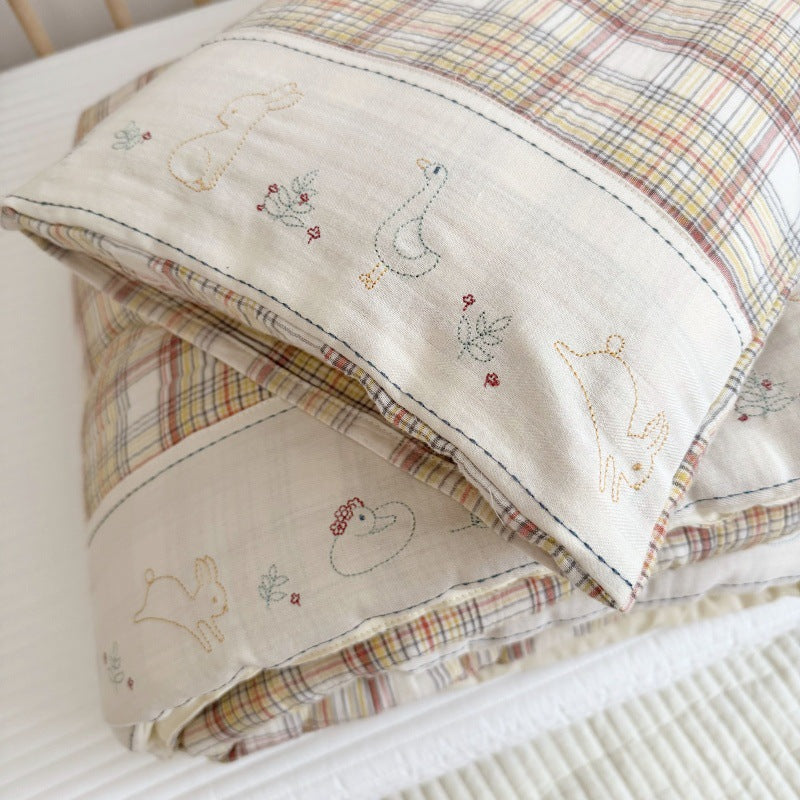 Beige Plaid Kids Comforter Set – Cotton Gauze