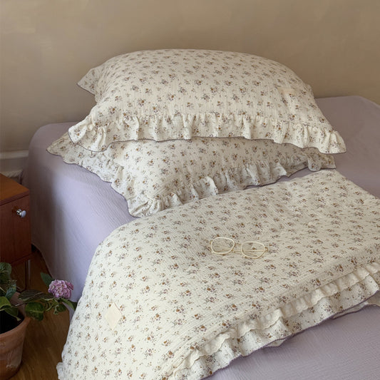 Romantic floral cotton kids comforter with double ruffle trim and soft texture