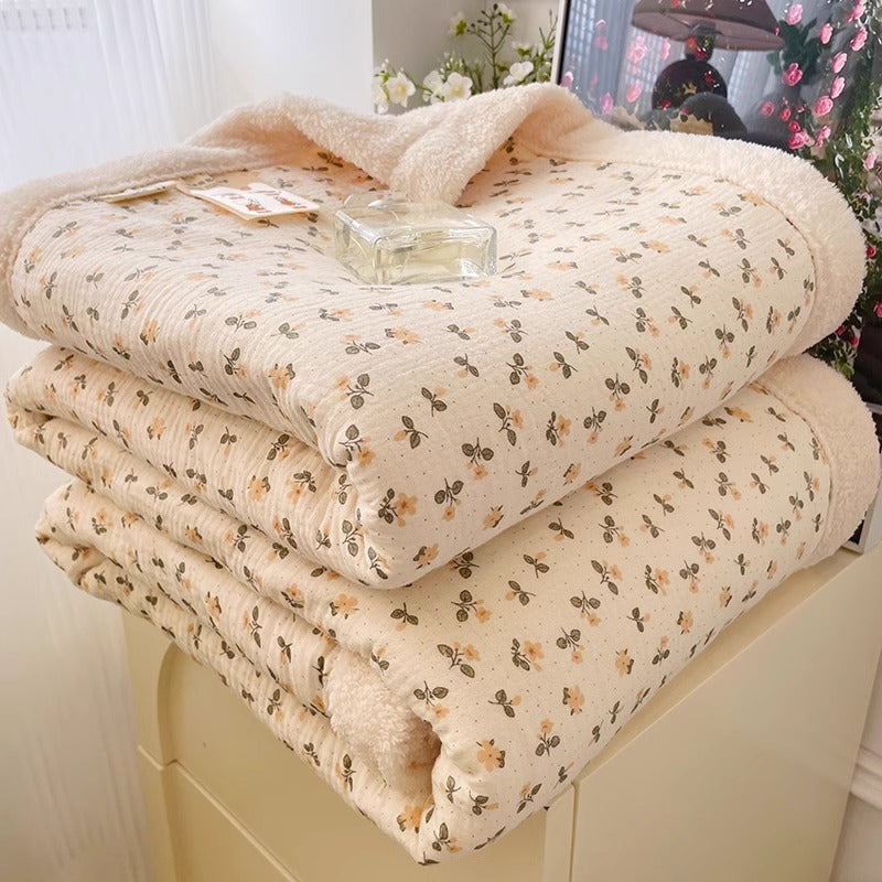 A stack of floral fleece blankets with a subtle pink and yellow floral pattern, ready for use as a warm winter throw.
