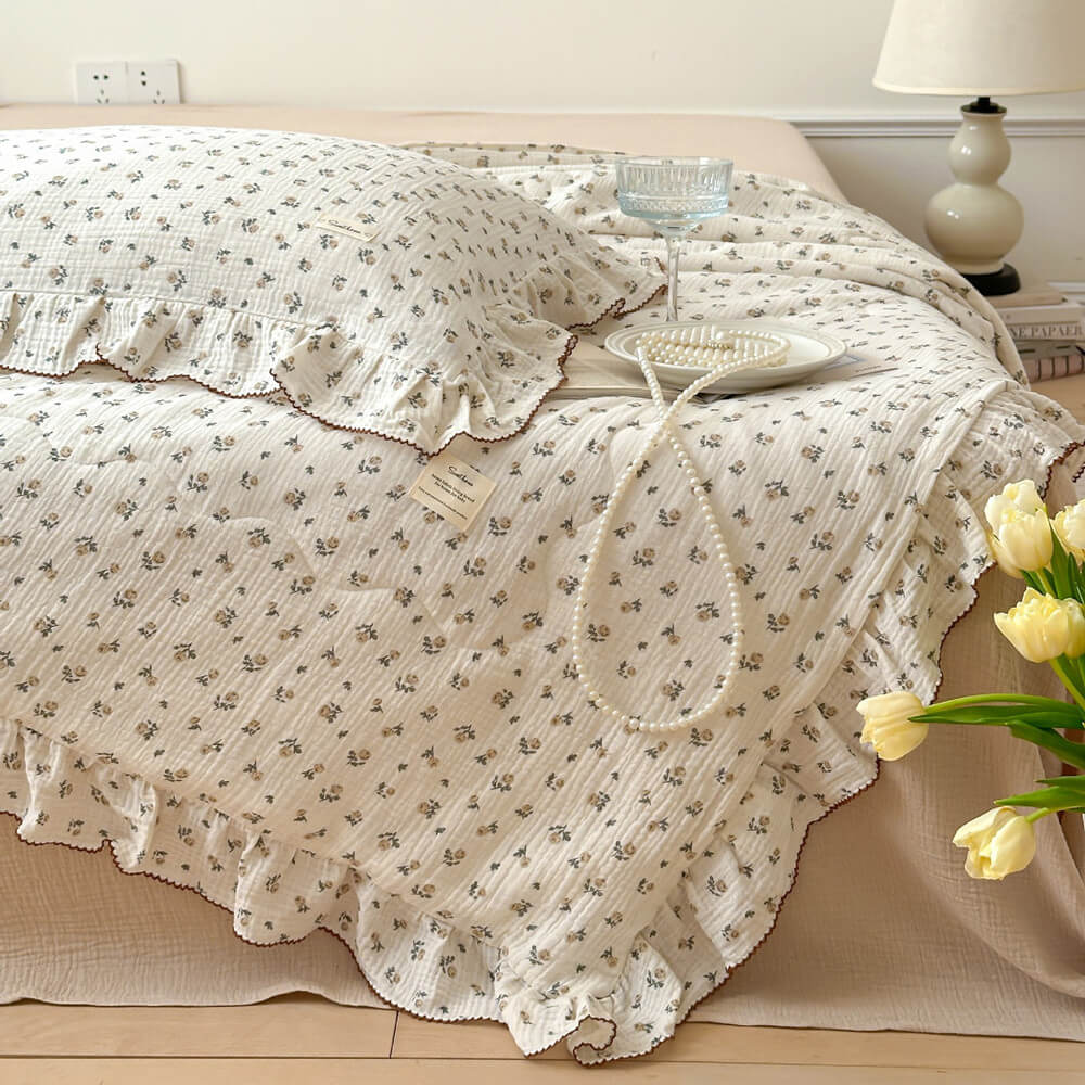 vintage rose muslin quilt with ruffle edge, cotton gauze bedding, cream and yellow rose print