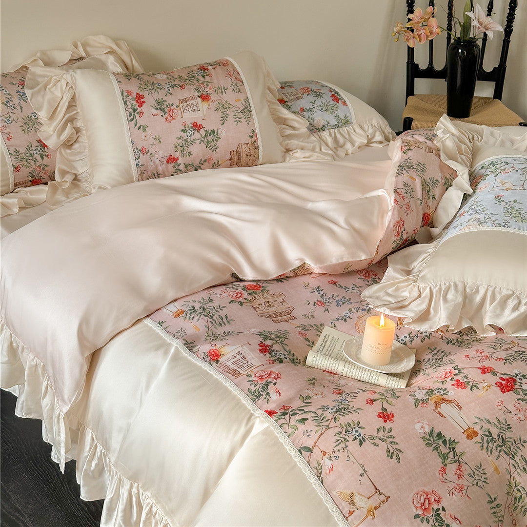 Overhead view of ruffled floral TENCEL™ bedding