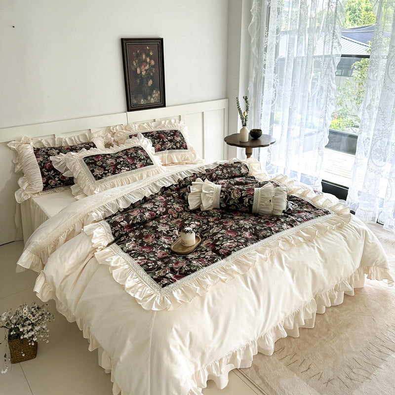 Dark floral French rose bedding set with ruffled trim