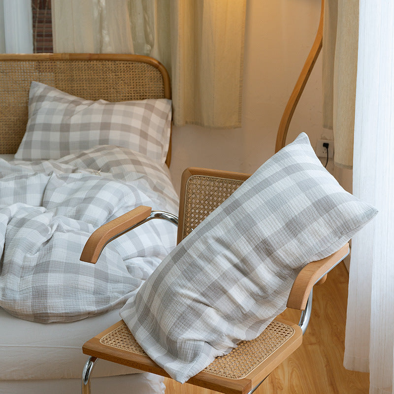 Grey plaid cotton gauze bedding set – minimalist checkered duvet cover and pillows
