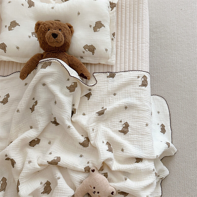 Cotton Muslin Baby Blanket Set – Brwon Bear Print