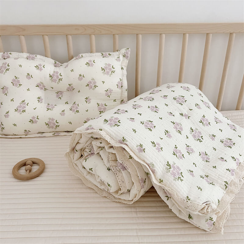 Cotton Muslin Baby Quilt – Lavender Floral with Lace Trim