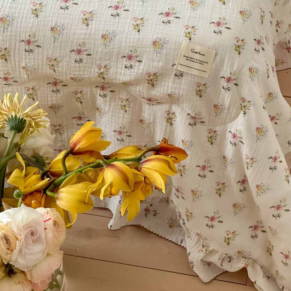 closeup of vintage floral quilt
