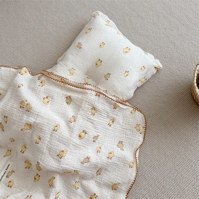 Cotton Muslin Baby Blanket with Pillow set – Duckling Print