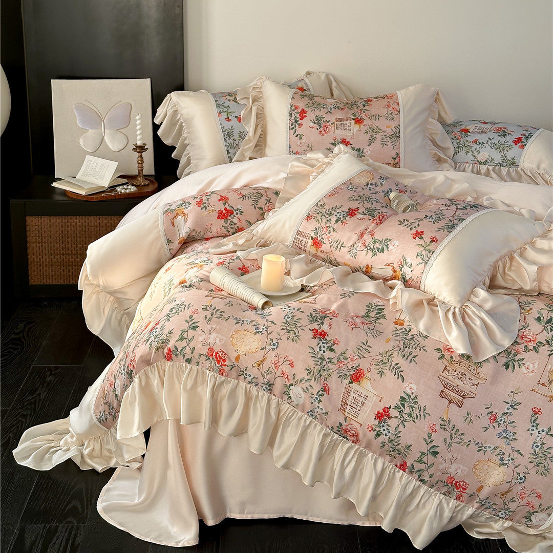Pastoral floral TENCEL™ bedding set with ruffled trim
