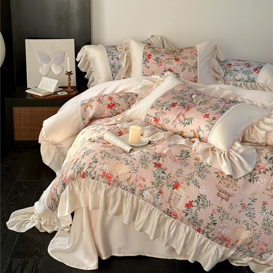 Pastoral floral TENCEL™ bedding set with ruffled trim