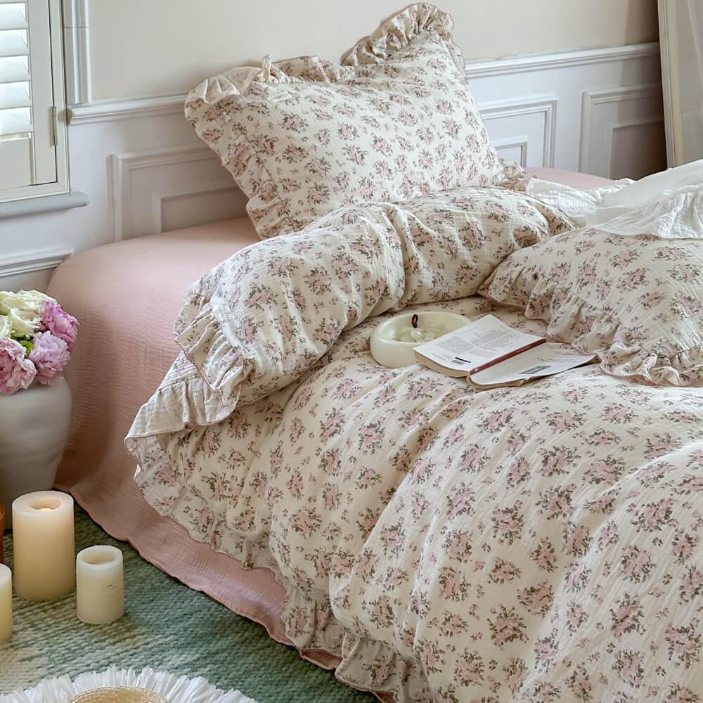 Rosebud Pink Floral Duvet Cover Set – Ruffled Cotton Muslin Bedding