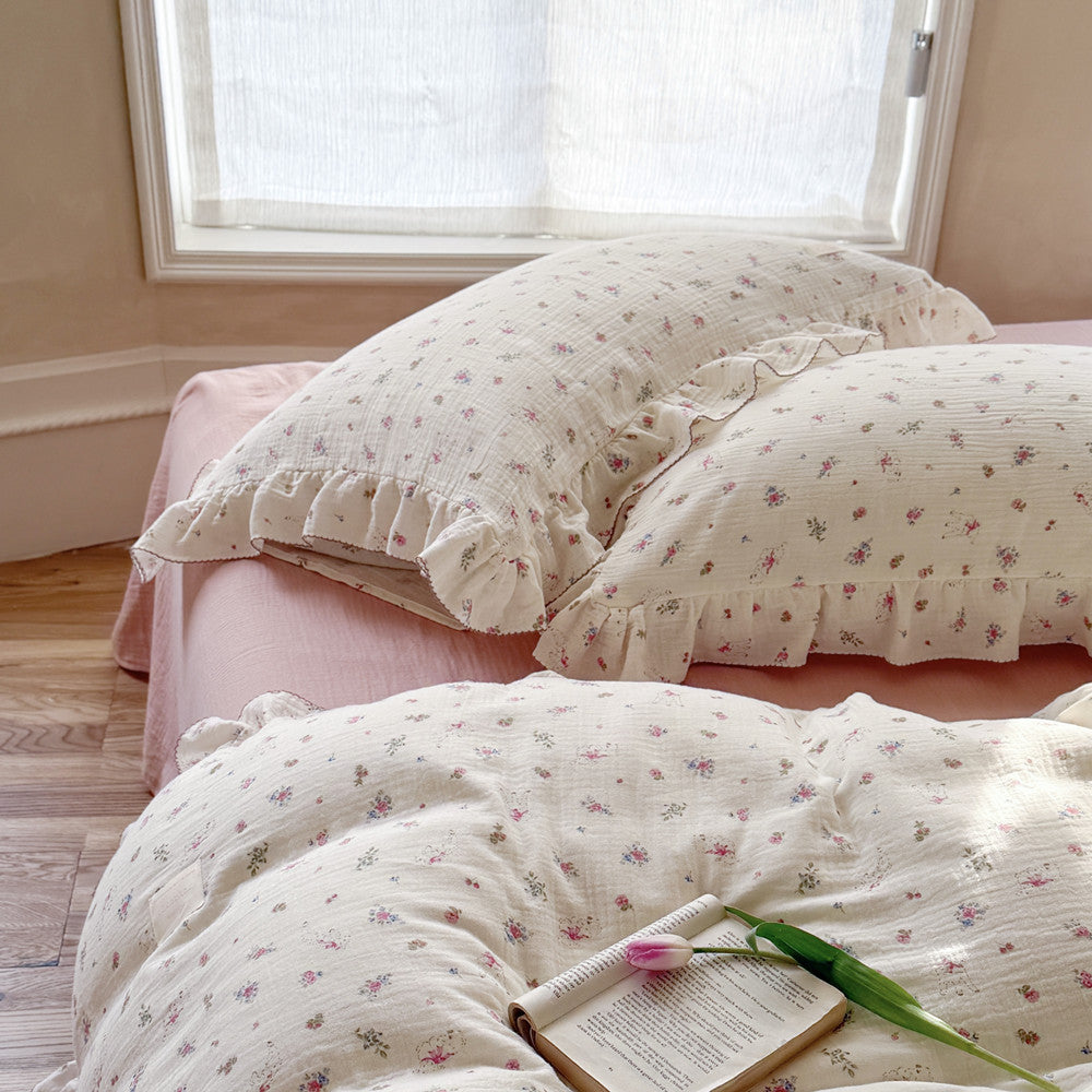 Cotton Pink Rose Floral Duvet Cover Set with Ruffles and solid pink flat sheet