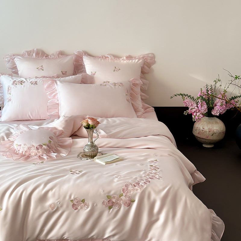 Romantic room scene with pink Tencel bedding set
