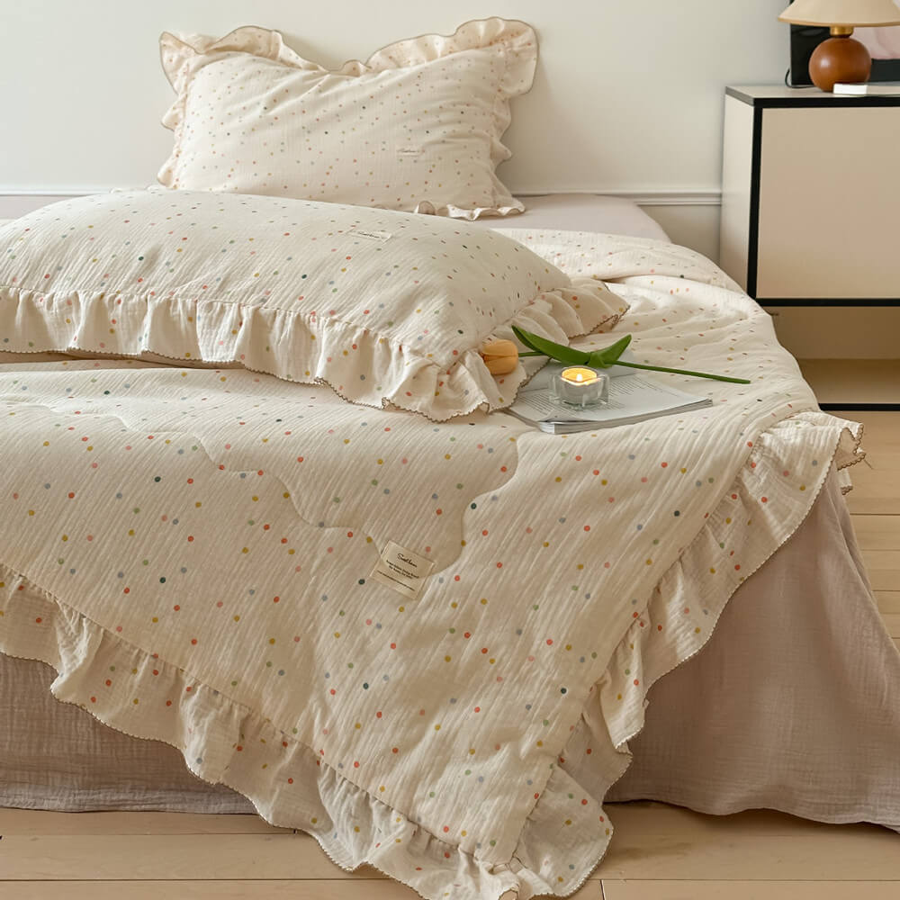 polka dot muslin quilt with ruffle edge, soft cotton gauze bedding