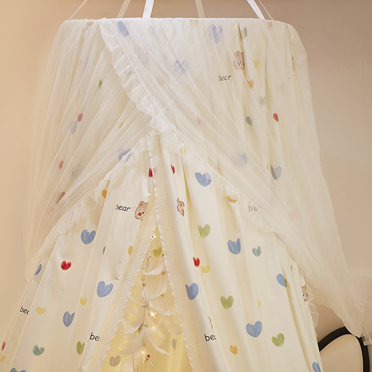Close-up of fabric canopy top with bear and heart print