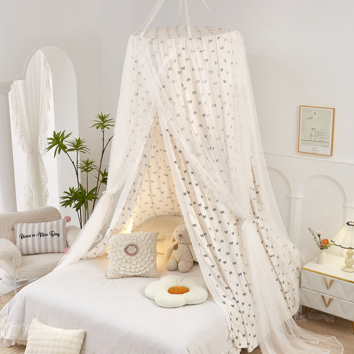 Princess bed canopy with black bow print fabric – front view