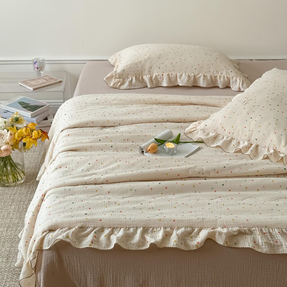 polka dot ruffle quilt with ruffled pillowcase, cotton gauze fabric