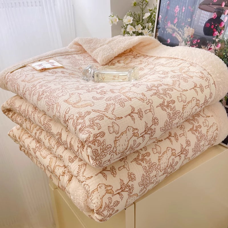 A reversible fleece kids blanket with a vintage floral and rabbit pattern, folded on a dresser.