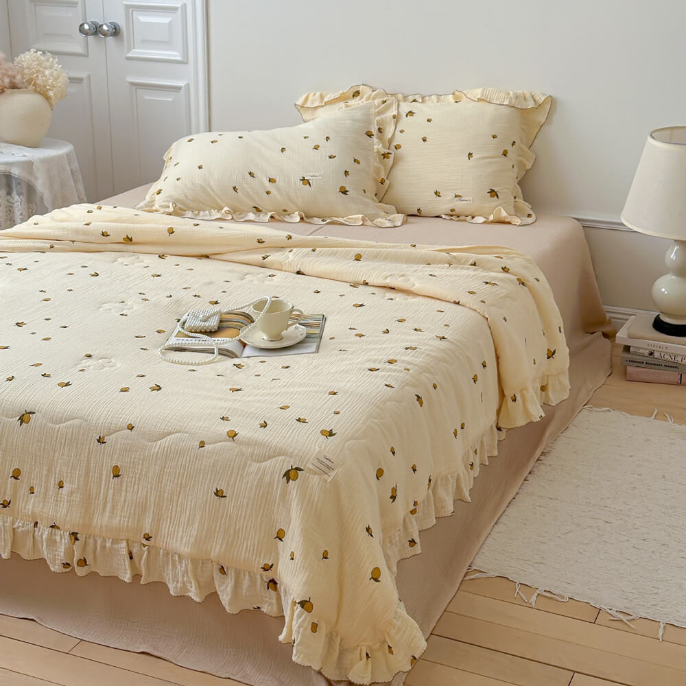 Lemon print quilt and pillow sham, cottagecore style bedding