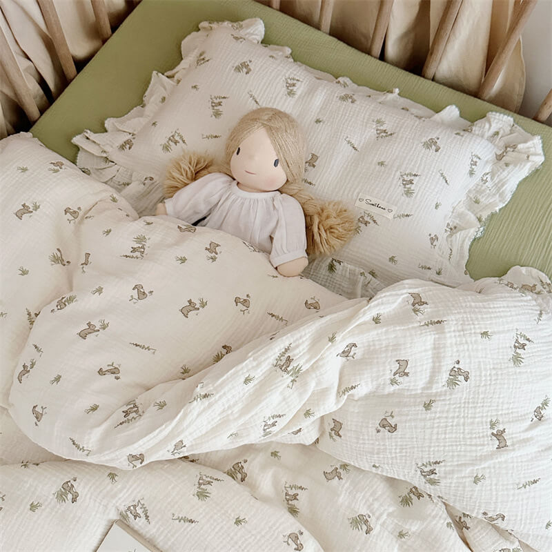 Bunny ruffle bedding set with flat sheet and pillowcase for toddlers