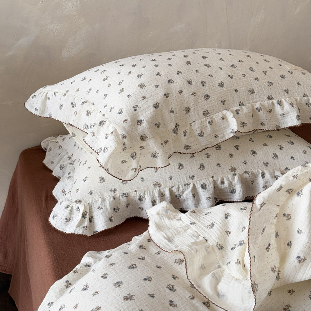 Cotton Gauze Vintage Floral Duvet Cover Set with Ruffled Pillowcase