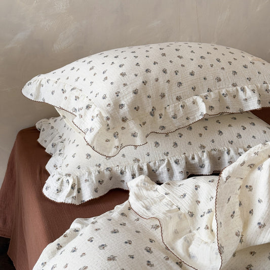 Cotton Gauze Vintage Floral Duvet Cover Set with Ruffled Pillowcase