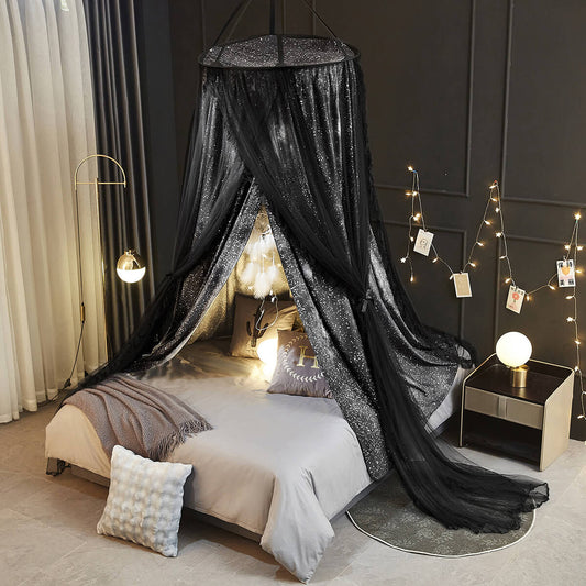 Starry night bed canopy draped over kids bed