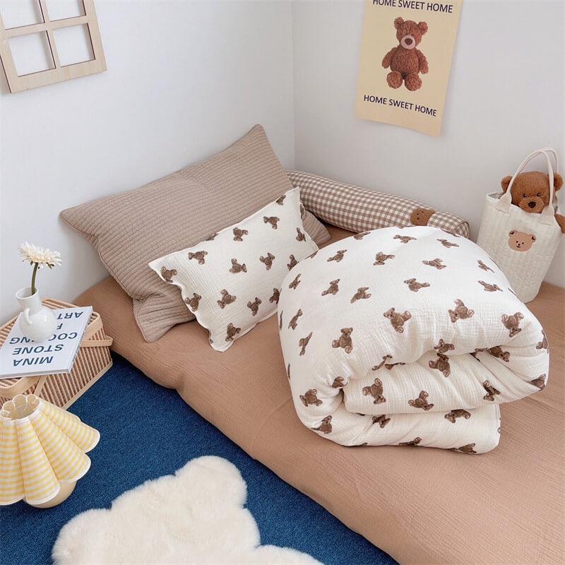 Soft brown and cream bear print bedding for kids