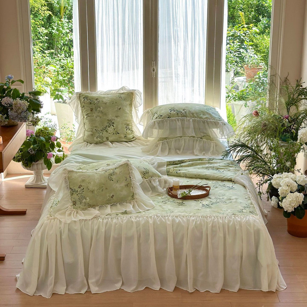Full green floral bedding set with ruffled TENCEL comforter