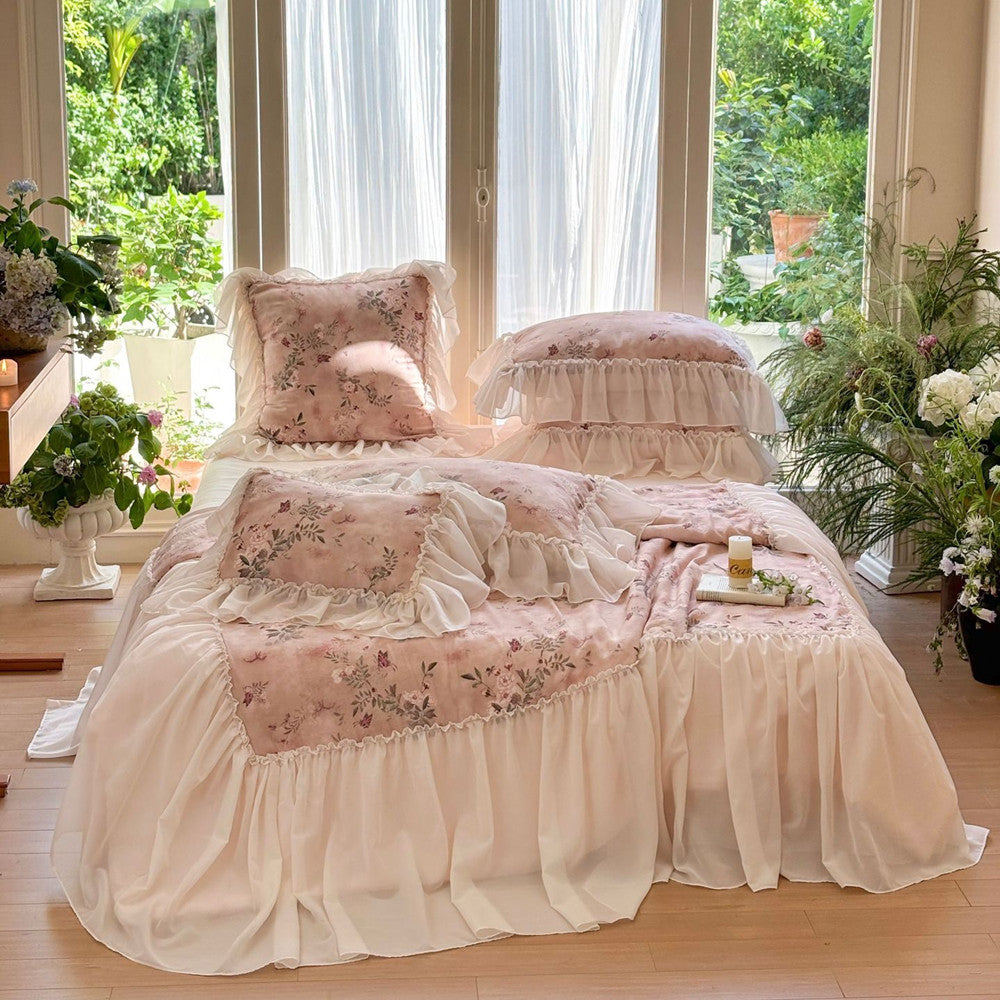 Pink floral ruffled comforter with soft TENCEL fabric