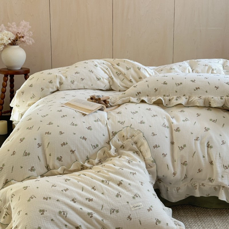 Close-up of cotton muslin bunny duvet with pillowcase