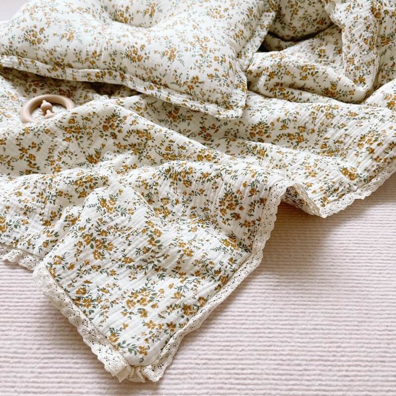 Mustard floral baby bedding with lace trim – comforter and pillow