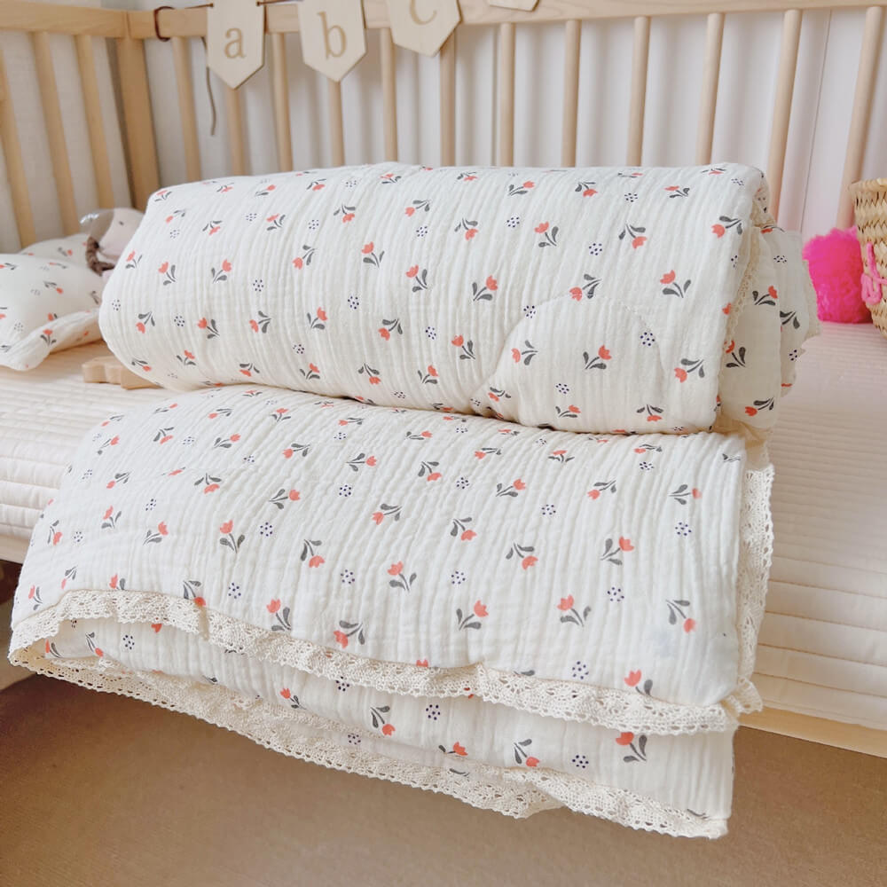 Toddler quilt with pillow – vintage muslin floral bedding set in crib