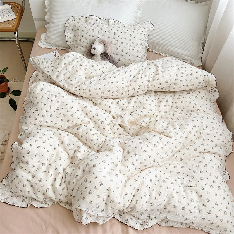 Kids bed styled with rose floral ruffled duvet cover set