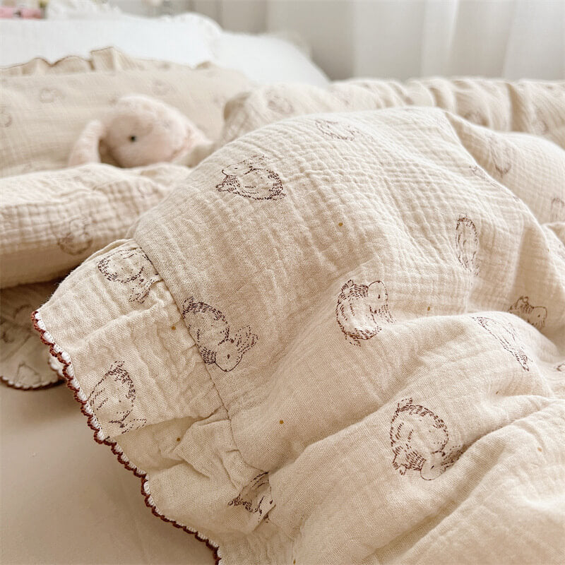 cotton muslin duvet cover with brown bunny pattern and soft texture